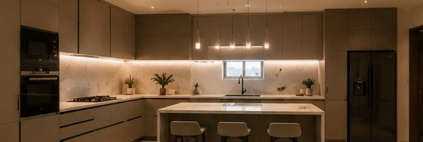 The same kitchen completed, with an island, stone splashback and pendant lighting