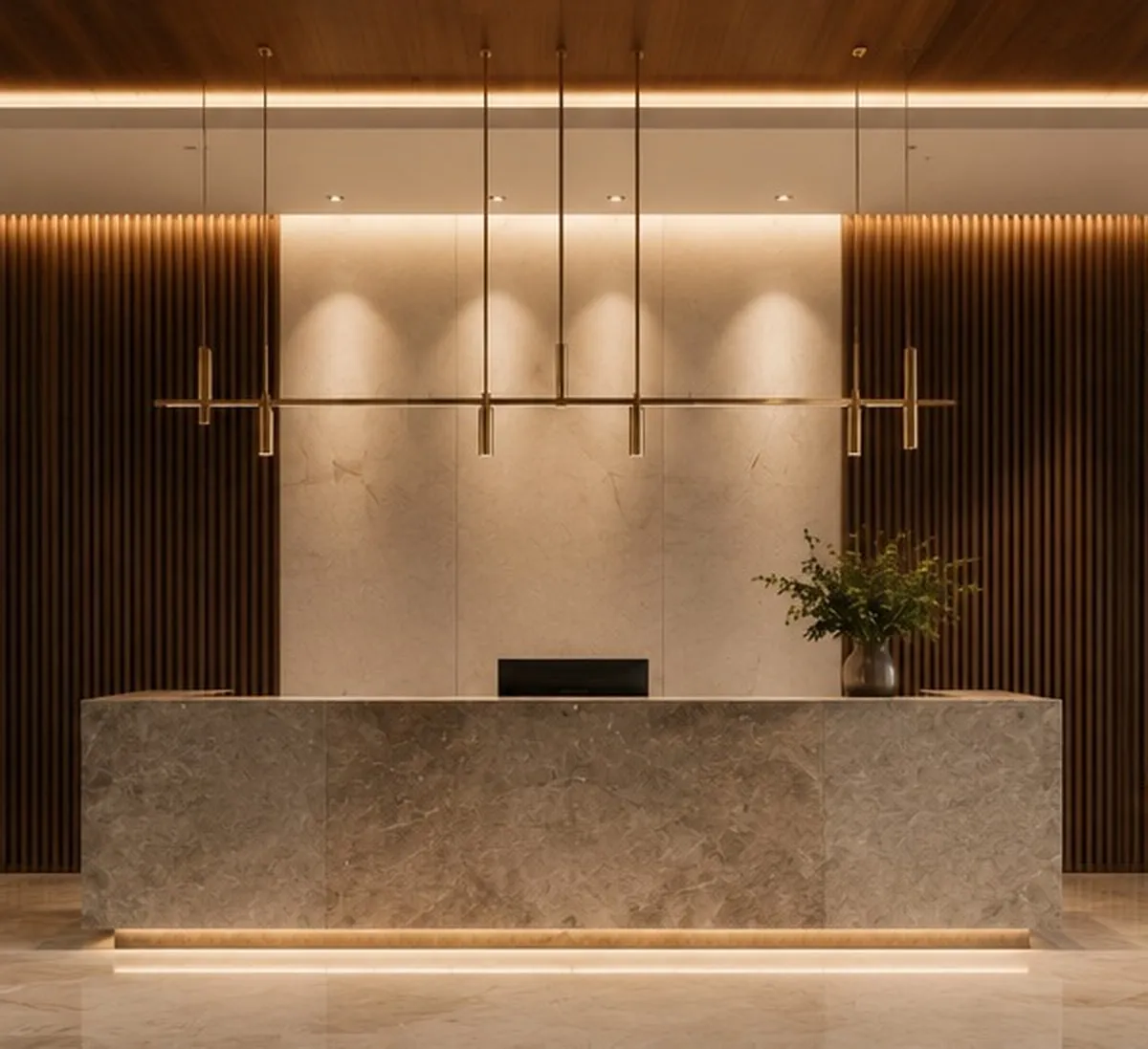 Reception lobby with a honed stone desk beneath a linear brass pendant