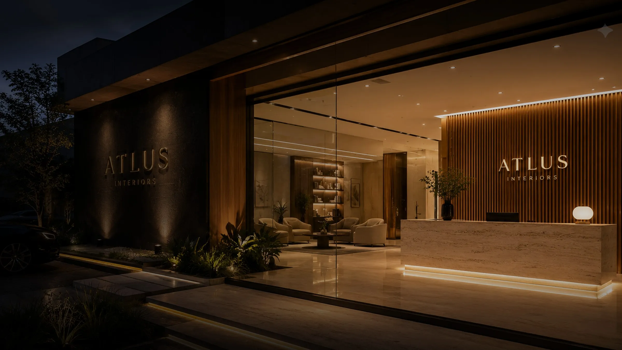 Warmly lit interior at dusk behind full-height glazing