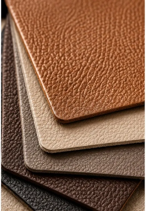 Stacked leather swatches in tan, cream, grey and espresso