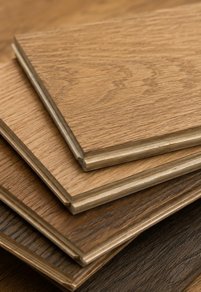 Stacked engineered oak flooring planks showing tongue-and-groove edges