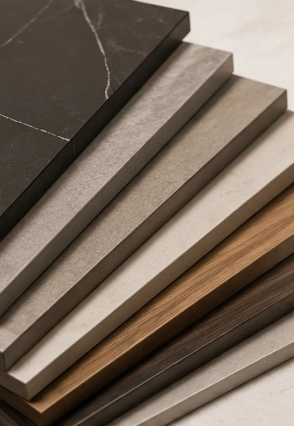 Fanned stack of stone and engineered surface samples