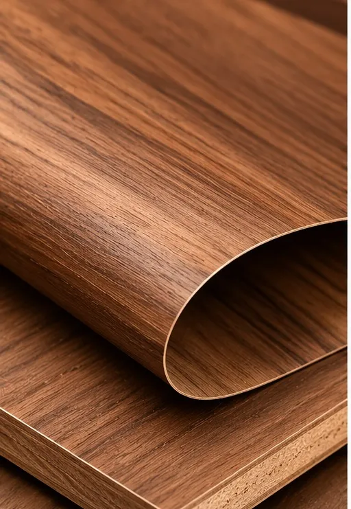 Sheet of walnut veneer curling to show its grain and thickness