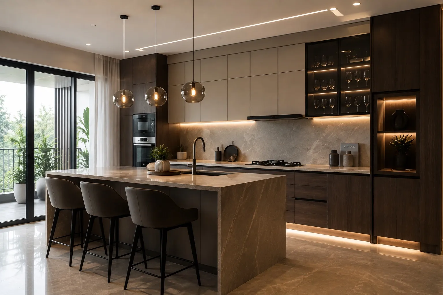 Modular kitchen with a stone-clad island and bar seating, glass globe pendants above, and a lit glass-fronted display cabinet