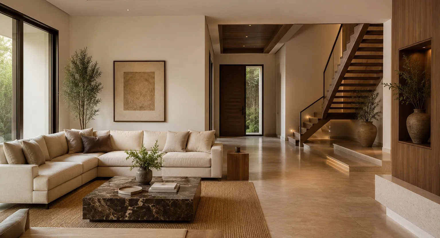 Villa living room opening to a garden, with an open timber stair beyond