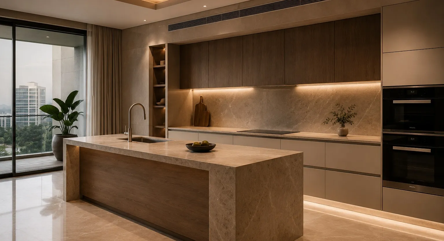 Apartment kitchen with a stone island and a city view