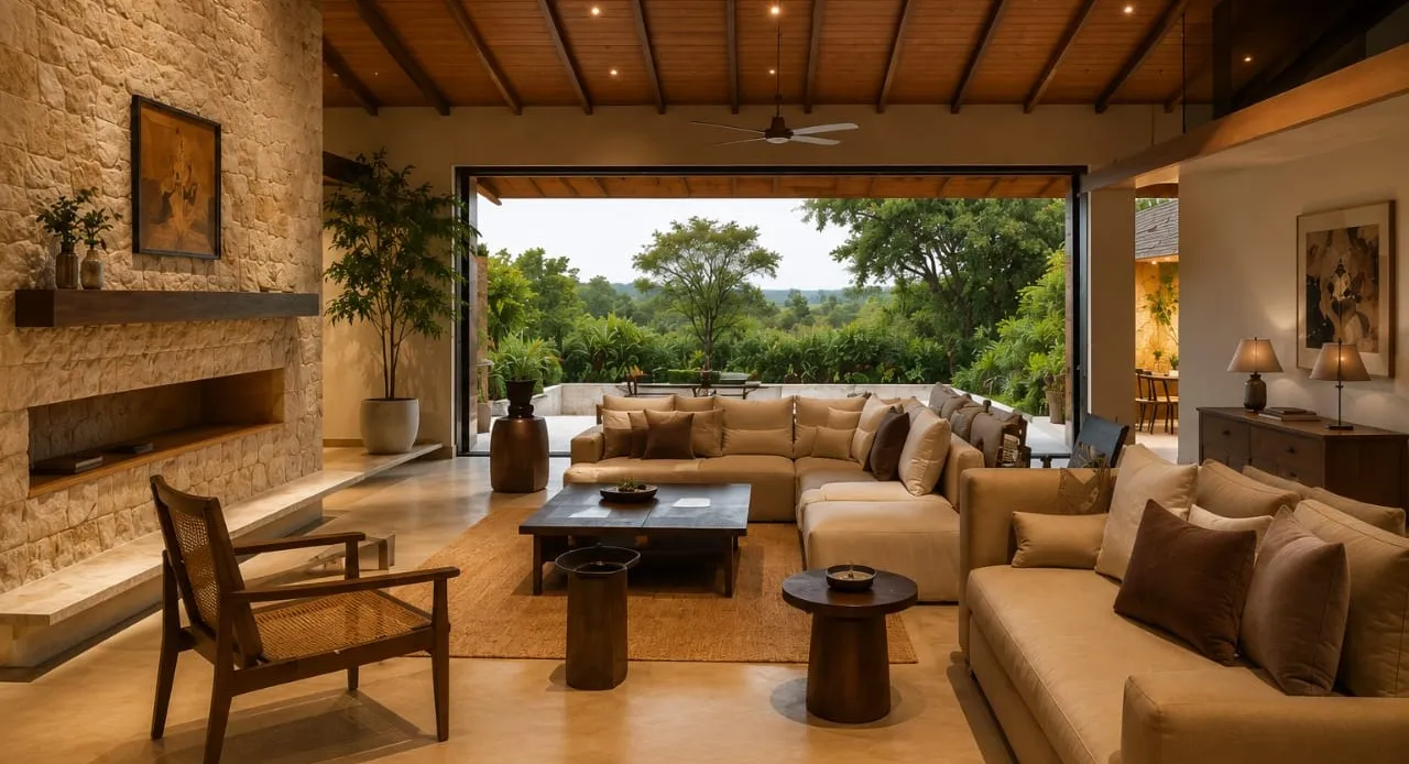 Farmhouse living room opening onto greenery under exposed rafters