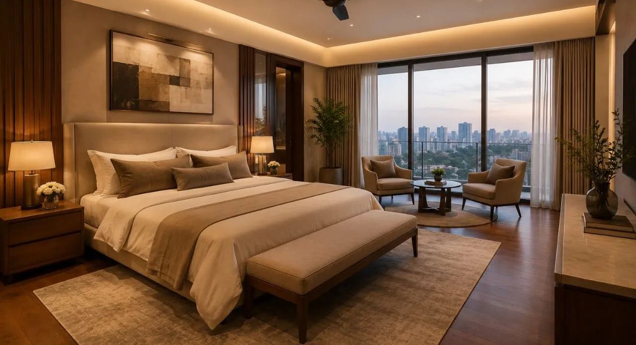 Penthouse bedroom suite with a seating corner and a city outlook
