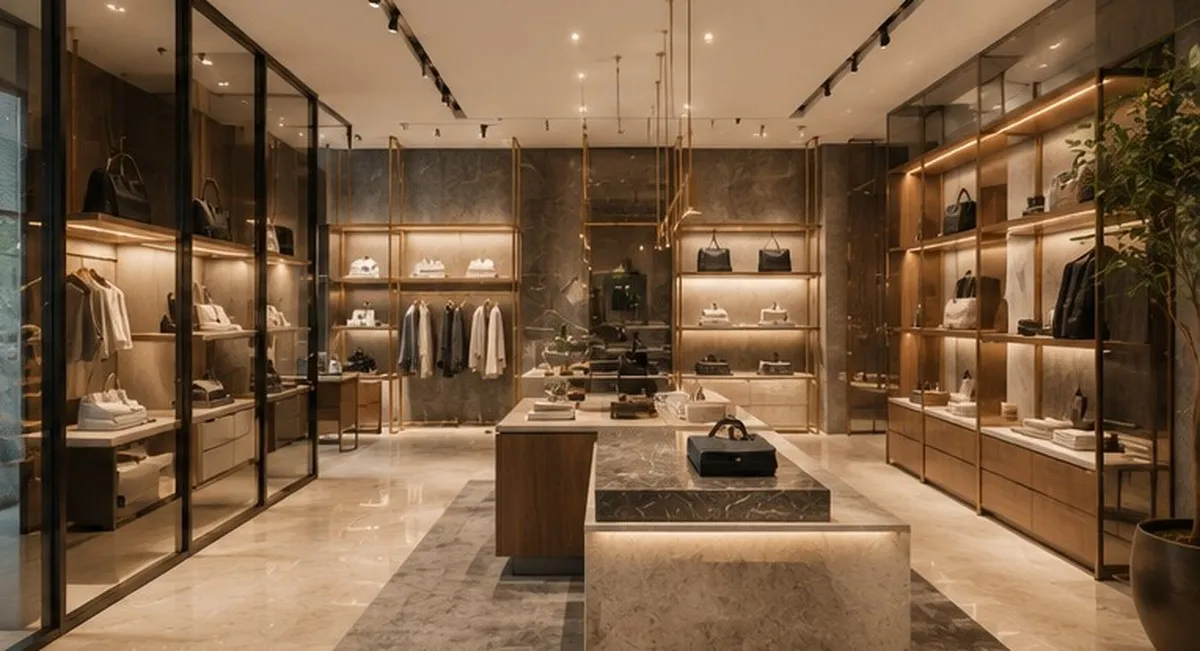 Retail boutique with brass display rails and backlit stone