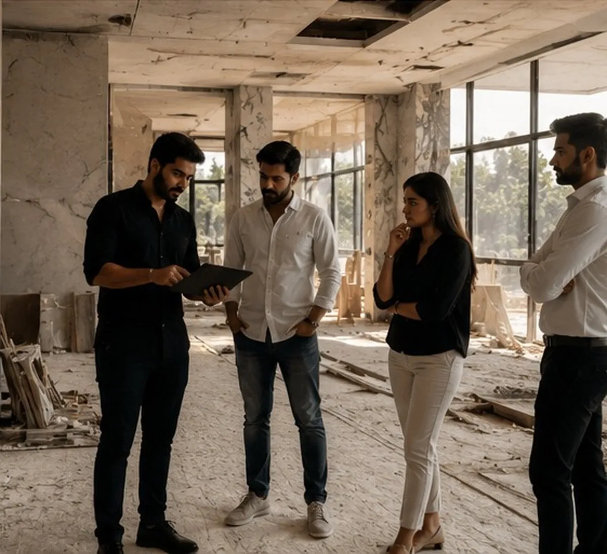 Site review with drawings checked against the work in progress