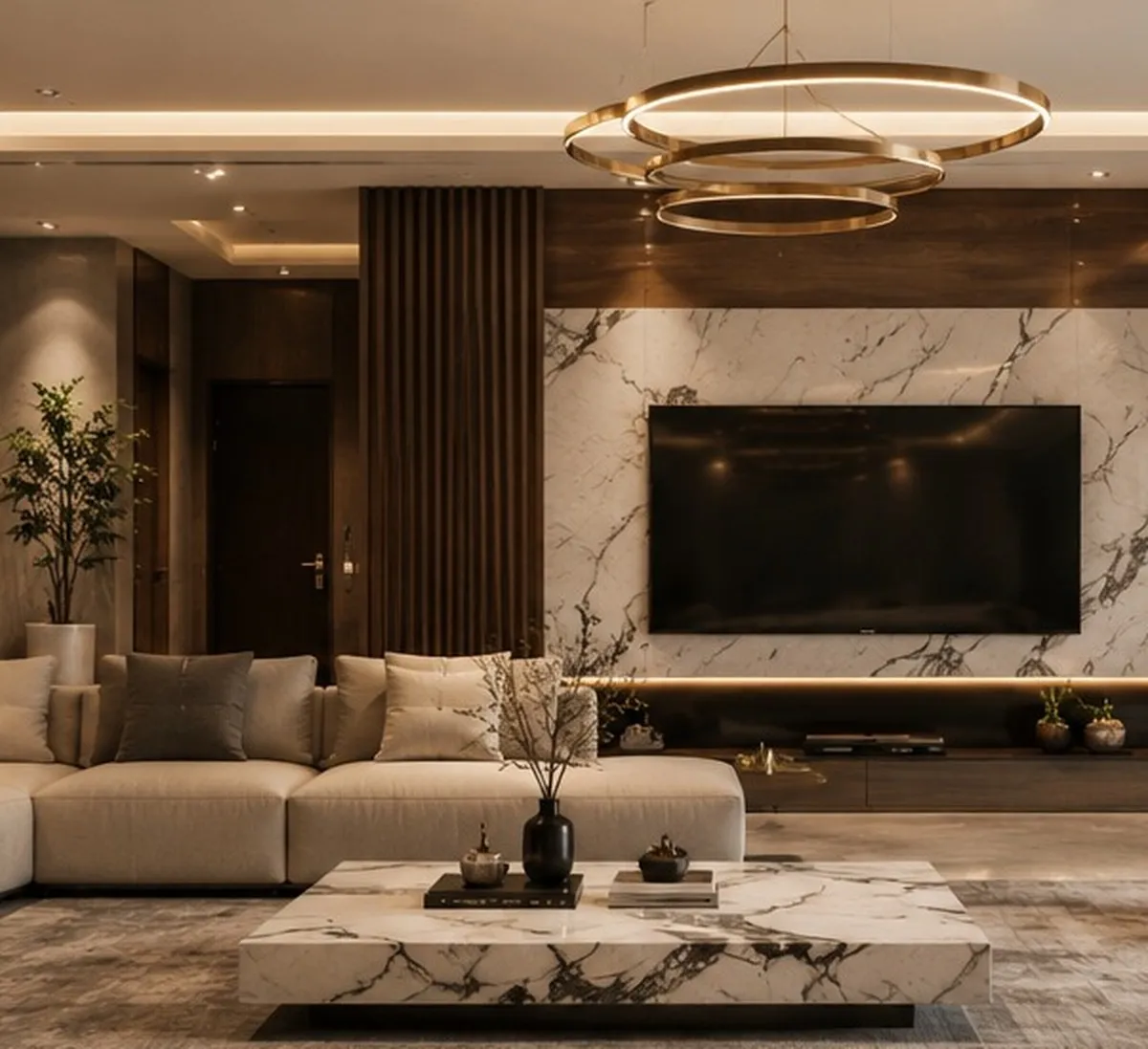 Villa living room with a marble media wall and layered cove lighting