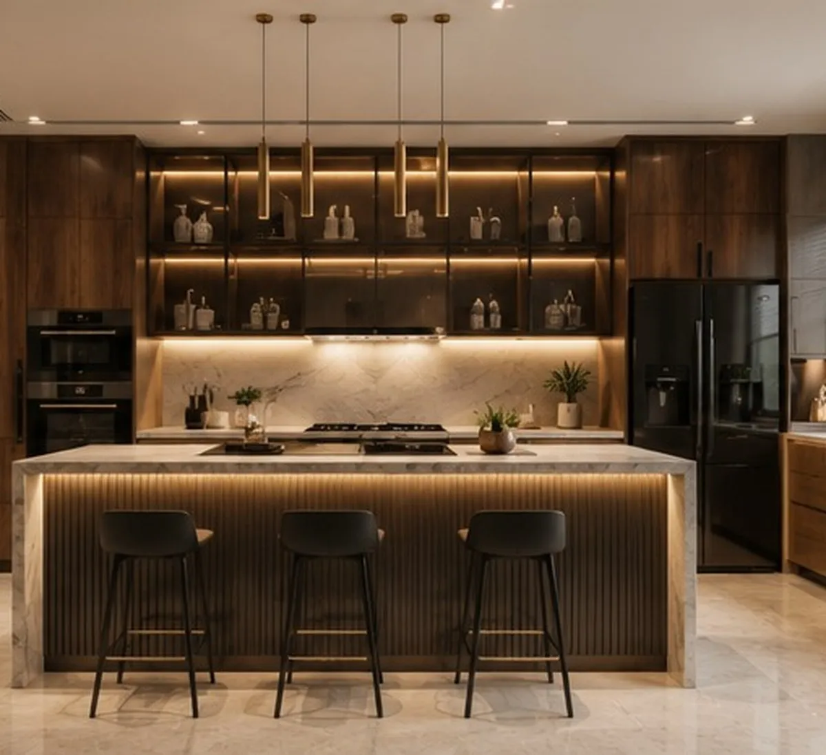Kitchen island in marble beneath brass pendant lighting