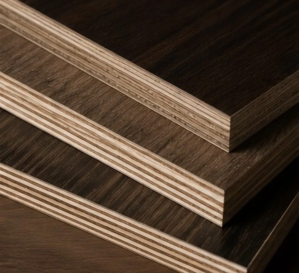 Marine-grade plywood edge showing its laminated core