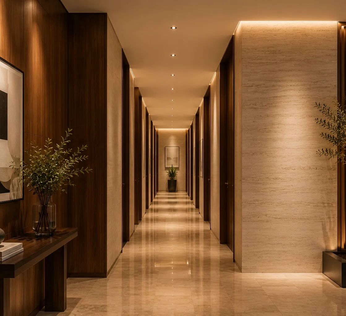 Softly lit corridor lined in walnut panelling and travertine
