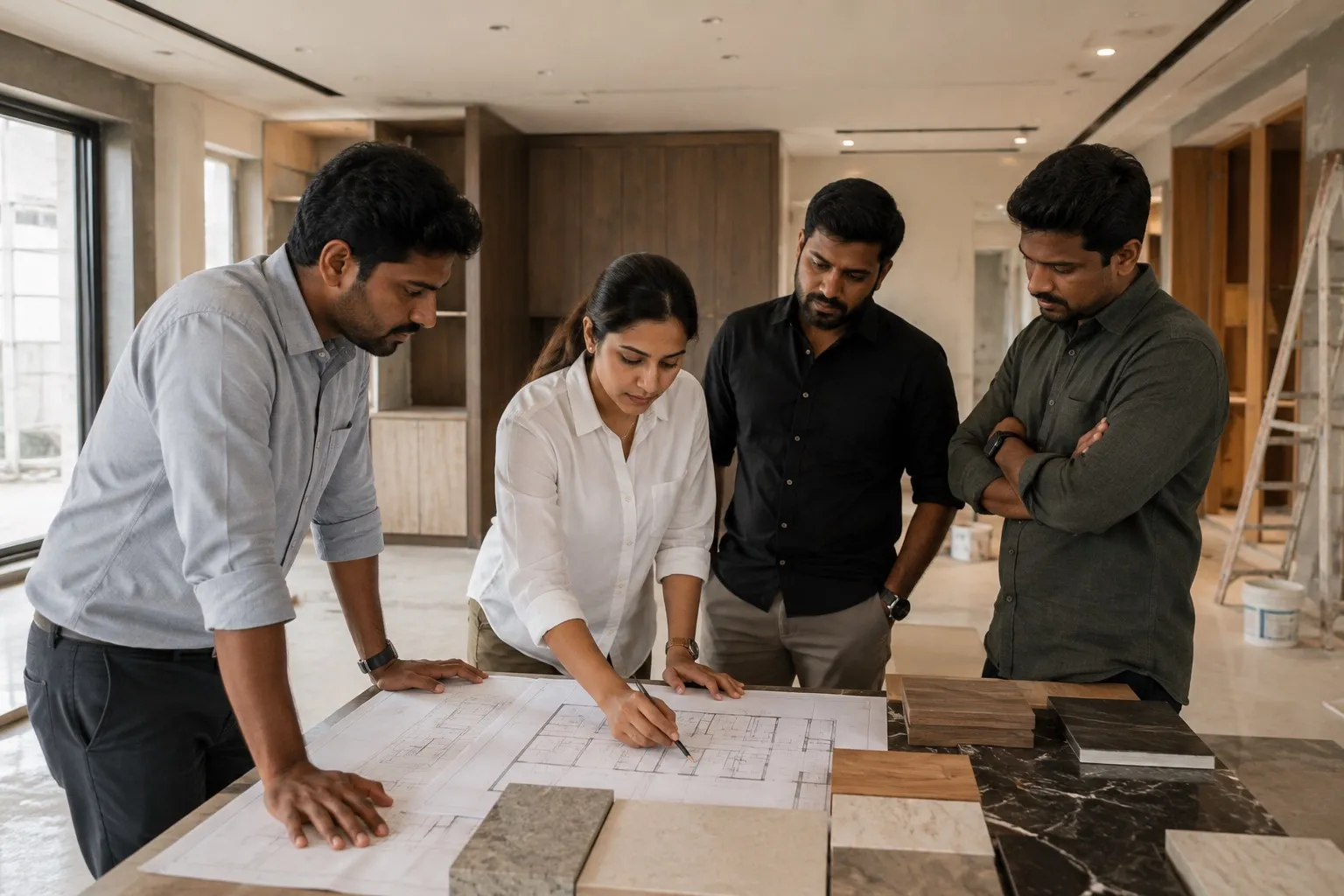 Four members of the project team around a table on an unfinished site, reviewing floor plans beside stone and timber samples